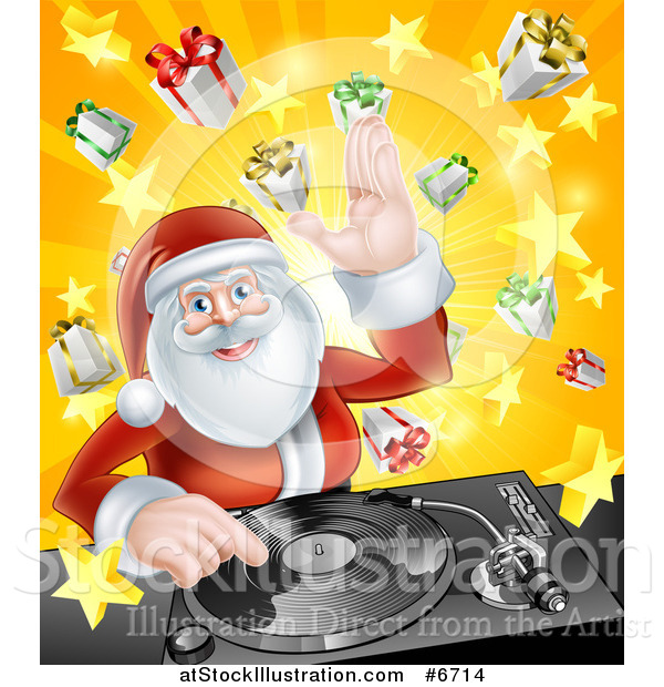 Vector Illustration of a Happy Santa Claus Dj Mixing Christmas Music on a Turntable over a Starburst and Gifts