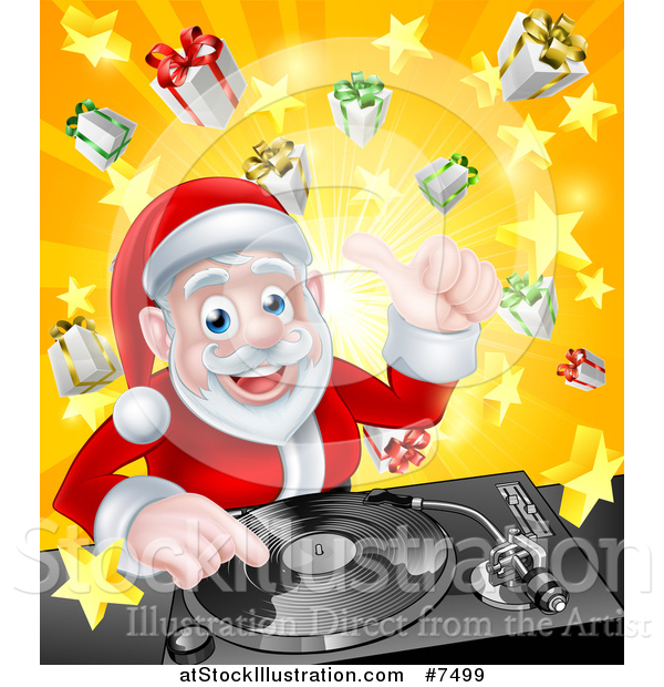 Vector Illustration of a Happy Santa Claus Dj Mixing Christmas Music on a Turntable over a Starburst and Gifts
