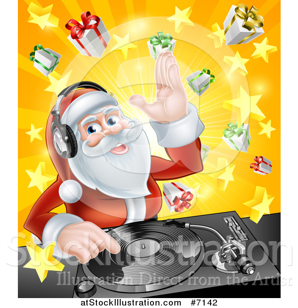 Vector Illustration of a Happy Santa Claus Dj Wearing Headphones and Mixing Christmas Music on a Turntable over a Starburst and Gifts