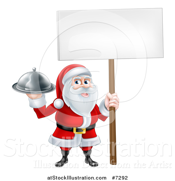 Vector Illustration of a Happy Santa Claus Holding a Food Cloche Platter and Blank Sign