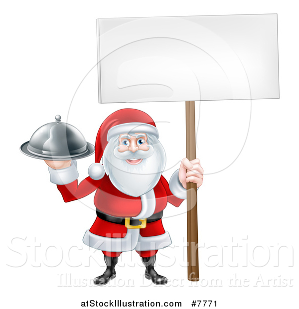 Vector Illustration of a Happy Santa Claus Holding a Silver Cloche Platter and Blank Sign