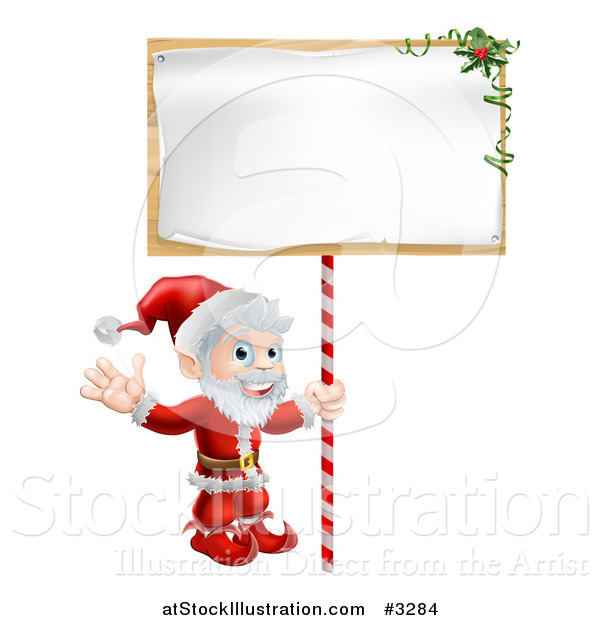 Vector Illustration of a Happy Santa Waving and Holding a Sign