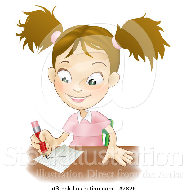 Vector Illustration of a Happy School Girl Writing at Her Desk