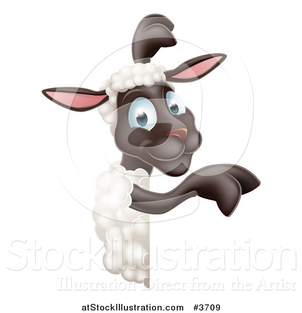 Vector Illustration of a Happy Sheep Pointing to a Sign