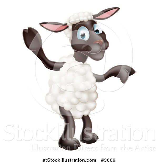 Vector Illustration of a Happy Sheep Standing and Waving and Pointing