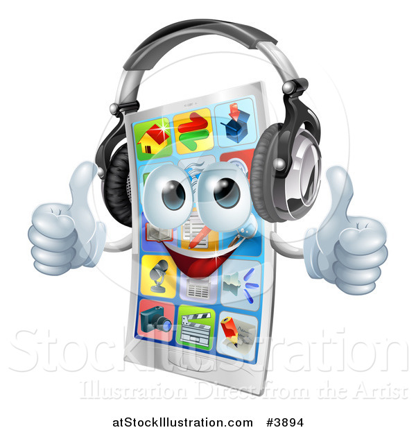 Vector Illustration of a Happy Smart Phone Holding Two Thumbs up and Wearing Headphones