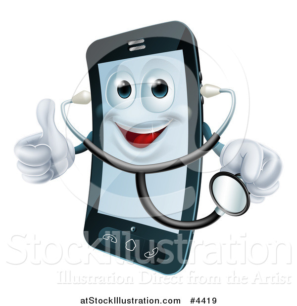 Vector Illustration of a Happy Smart Phone Wearing a Stethoscope and Holding a Thumb up