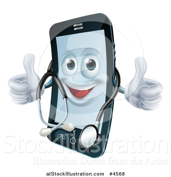 Vector Illustration of a Happy Smart Phone Wearing a Stethoscope and Holding Two Thumbs up