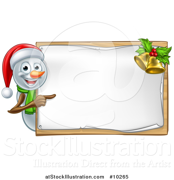 Vector Illustration of a Happy Snowman Wearing a Christmas Santa Hat and Pointing Around a Blank Sign