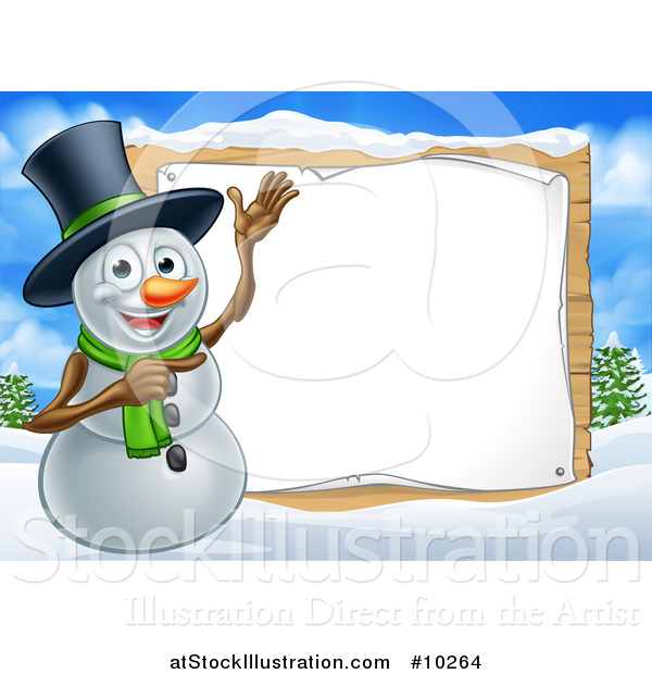 Vector Illustration of a Happy Snowman Wearing a Top Hat and Presenting a Blank Sign in a Winter Landscape