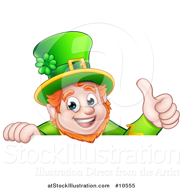 Vector Illustration of a Happy St Patricks Day Leprechaun Giving a Thumb up over a Sign