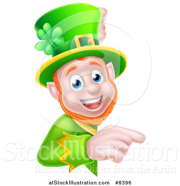 Vector Illustration of a Happy St Patricks Day Leprechaun Pointing Around a Sign