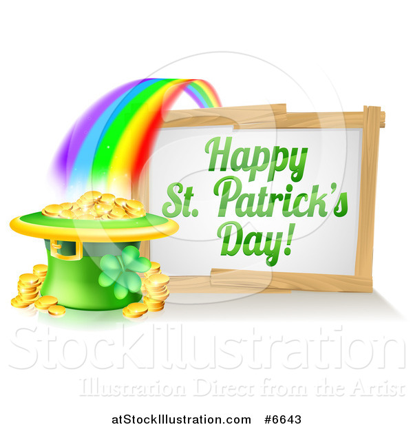 Vector Illustration of a Happy St Patricks Day Sign with a Rainbow Leading to a Leprechaun Hat Pot of Gold