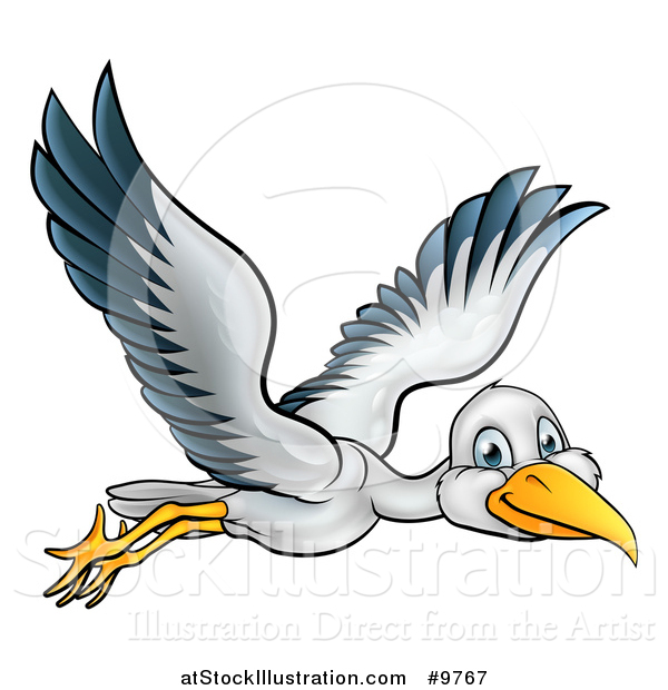Vector Illustration of a Happy Stork Bird in Flight