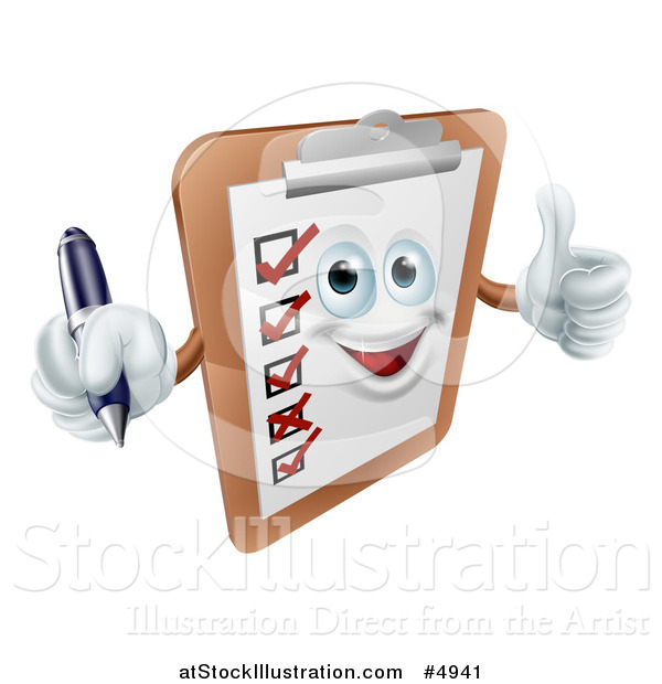 Vector Illustration of a Happy Survey Clipboard Holding a Pen and Thumb up