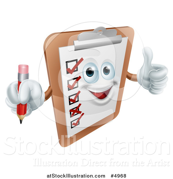 Vector Illustration of a Happy Survey Clipboard Holding a Pencil and Thumb up