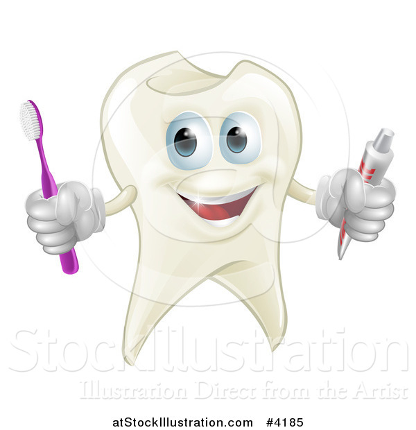 Vector Illustration of a Happy Tooth Mascot Holding a Brush and Paste