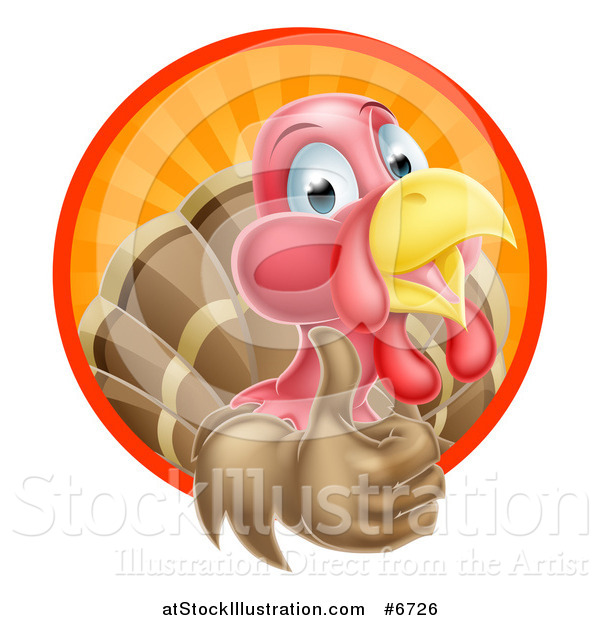 Vector Illustration of a Happy Turkey Bird Giving a Thumb up and Emerging from a Circle of Sun Rays