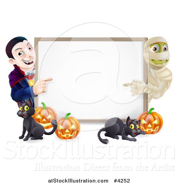 Vector Illustration of a Happy Vampire Mummy Pumpkins and Black Cat Around a Blank Sign