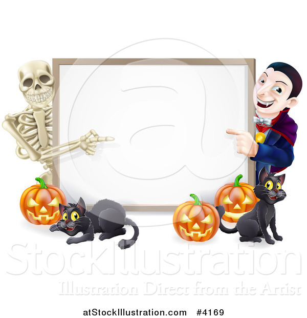 Vector Illustration of a Happy Vampire Skeleton Pumpkins and Black Cat Around a Blank Sign