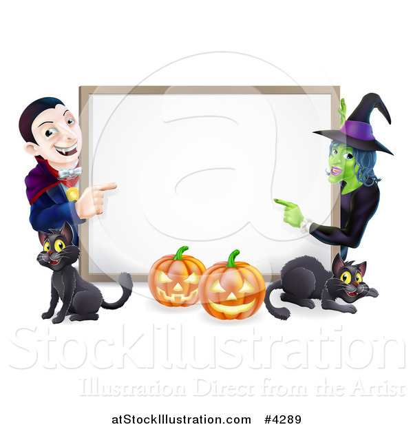 Vector Illustration of a Happy Vampire Witch Pumpkins and Black Cats Around a Blank Sign