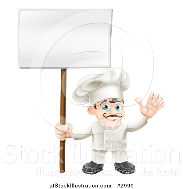 Vector Illustration of a Happy Waving Chef Holding a Sign on a Post