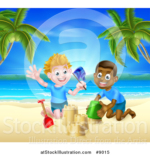 Vector Illustration of a Happy White and Black Boys Playing and Making Sand Castles on a Tropical Beach