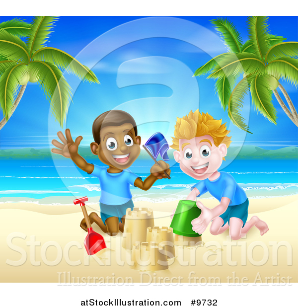Vector Illustration of a Happy White and Black Boys Playing and Making Sand Castles on a Tropical Beach