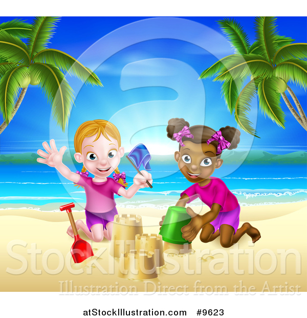 Vector Illustration of a Happy White and Black Girls Playing and Making Sand Castles on a Tropical Beach