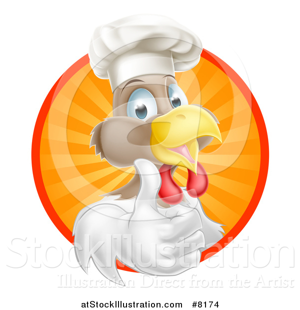 Vector Illustration of a Happy White and Brown Chef Chicken Giving a Thumb up and Emerging from a Circle of Sun Rays 2
