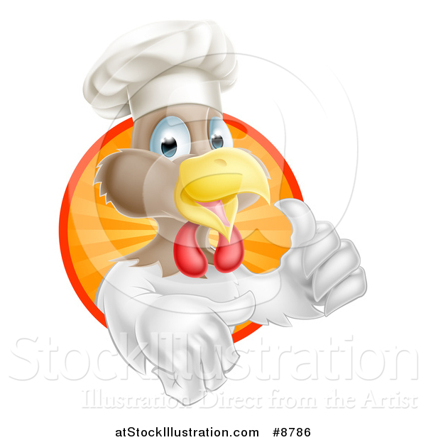 Vector Illustration of a Happy White and Brown Chef Chicken Giving a Thumb up and Emerging from a Circle of Sun Rays