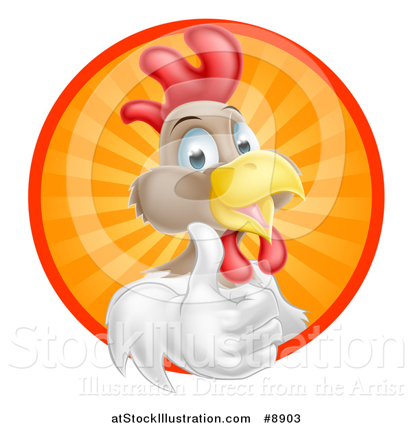 Vector Illustration of a Happy White and Brown Chicken or Rooster Giving a Thumb up and Emerging from a Circle of Sun Rays