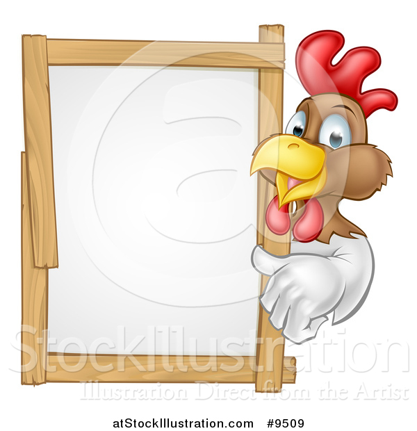 Vector Illustration of a Happy White and Brown Chicken or Rooster Giving a Thumb up Around a Sign