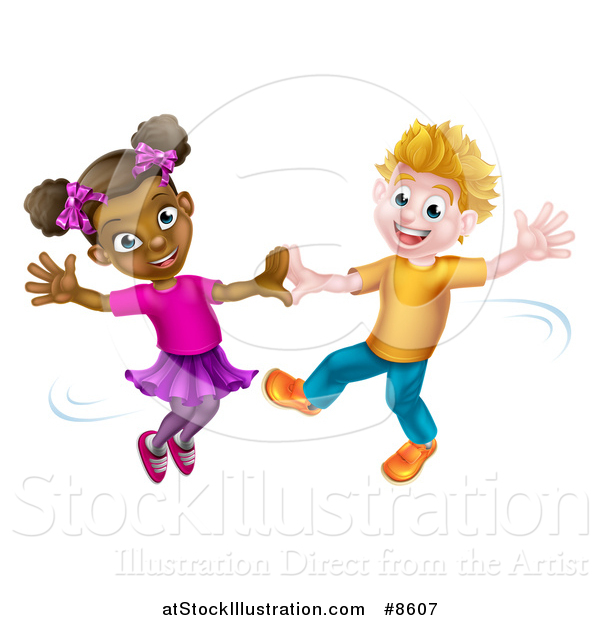 Vector Illustration of a Happy White Boy and Black Girl Dancing
