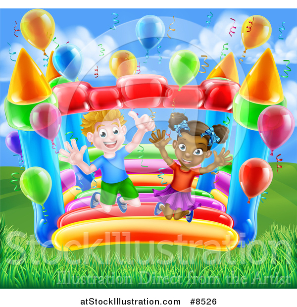 Vector Illustration of a Happy White Boy and Black Girl Jumping on a Bouncy House Castle with Party Balloons in a Park