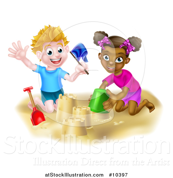 Vector Illustration of a Happy White Boy and Black Girl Making Sand Castles on a Beach