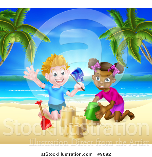 Vector Illustration of a Happy White Boy and Black Girl Playing and Making Sand Castles on a Tropical Beach