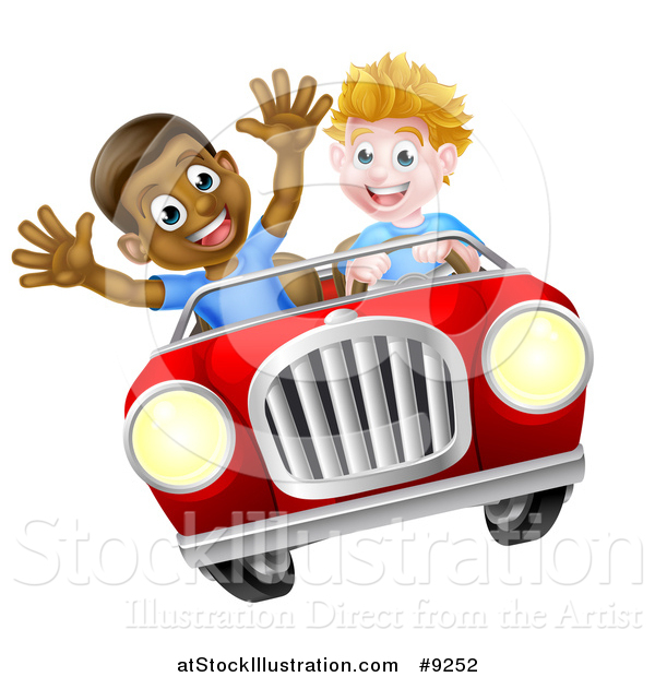 Vector Illustration of a Happy White Boy Driving a Black Boy and Catching Air in a Convertible Car