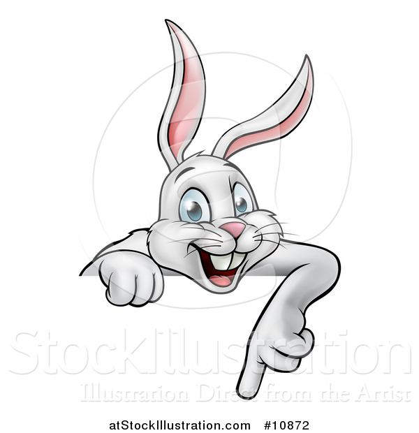 Vector Illustration of a Happy White Bunny Rabbit Pointing down over a Sign