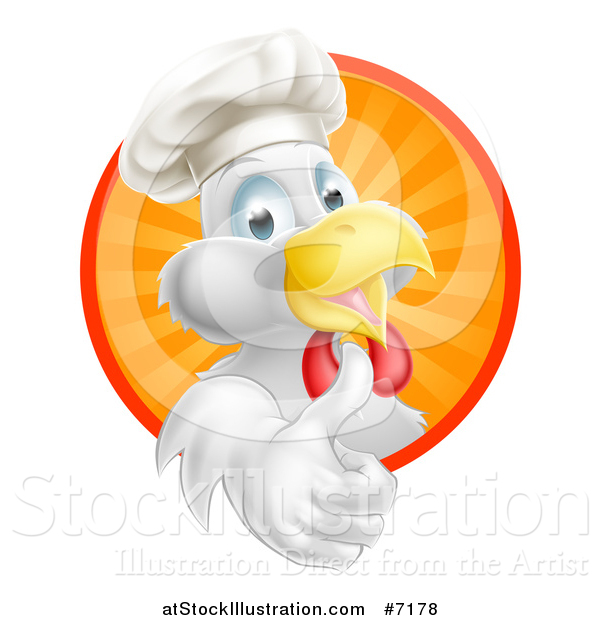 Vector Illustration of a Happy White Chef Chicken Giving a Thumb up and Emerging from a Circle of Sun Rays