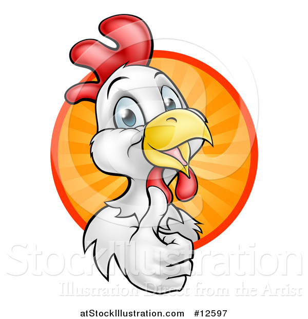 Vector Illustration of a Happy White Chicken or Rooster Giving a Thumb up and Emerging from a Circle of Sun Rays