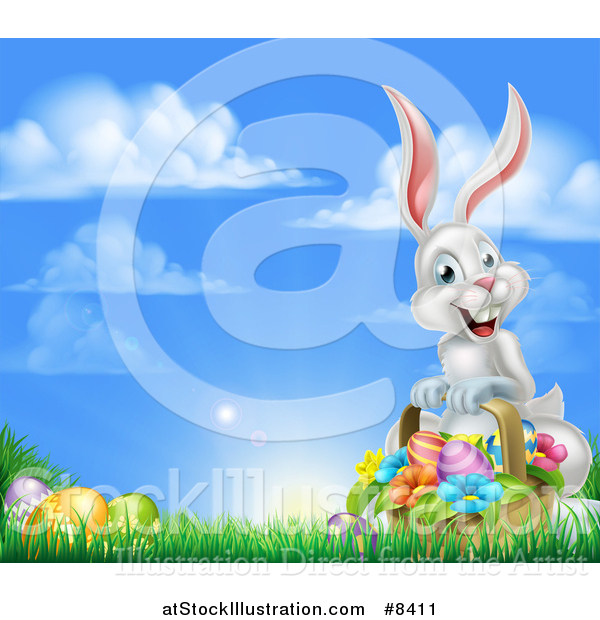 Vector Illustration of a Happy White Easter Bunny Rabbit with a Basket of Eggs and Flowers in the Grass, with Sky Text Space