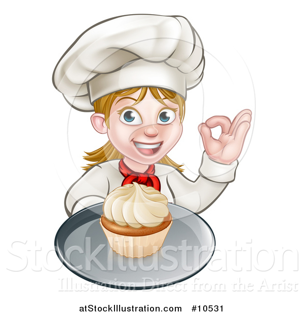 Vector Illustration of a Happy White Female Chef Baker Gesturing Ok and Holding a Cupcake on a Tray