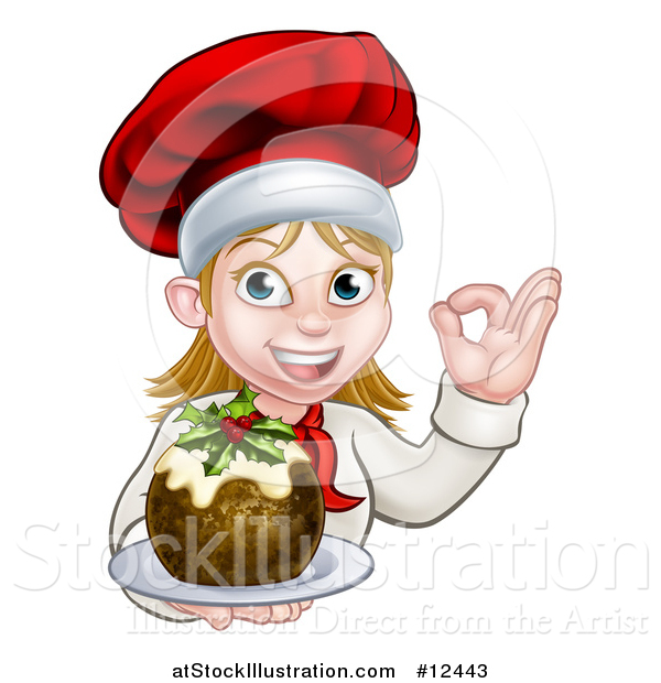 Vector Illustration of a Happy White Female Chef Gesturing Ok and Holding a Christmas Pudding