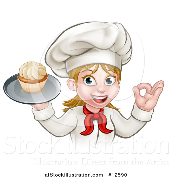 Vector Illustration of a Happy White Female Chef Gesturing Ok and Holding a Cupcake on a Tray