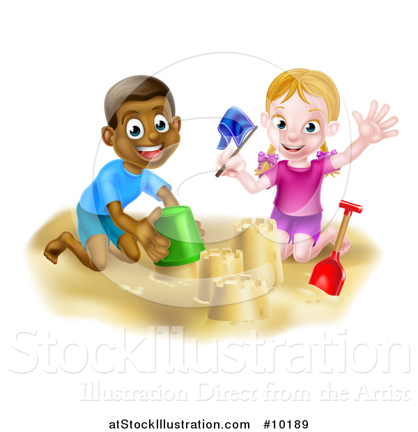 Vector Illustration of a Happy White Girl and Black Boy Playing and Making a Sand Castle