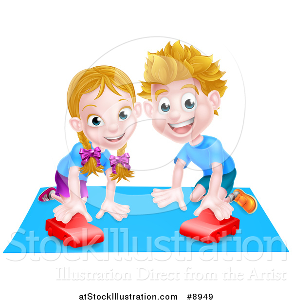 Vector Illustration of a Happy White Girl and Boy Playing with a Toy Car