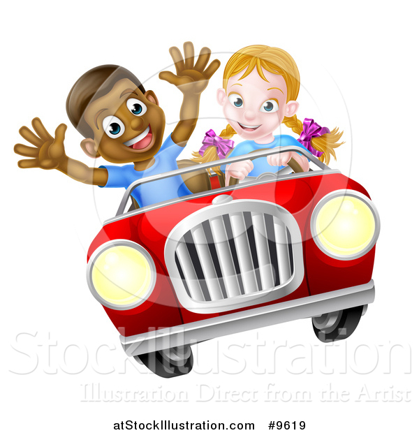 Vector Illustration of a Happy White Girl Driving a Red Convertible Car and a Black Boy Holding His Arms up in the Passenger Seat As They Catch Air