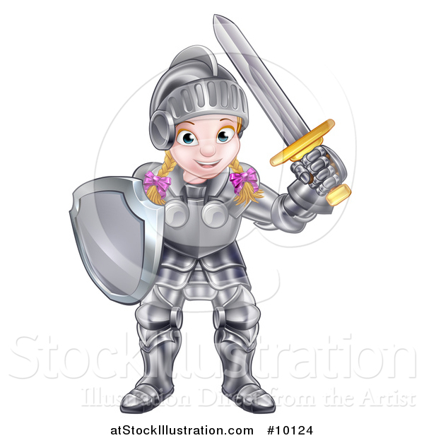 Vector Illustration of a Happy White Girl in Full Knight Armour, Holding a Shield and Sword