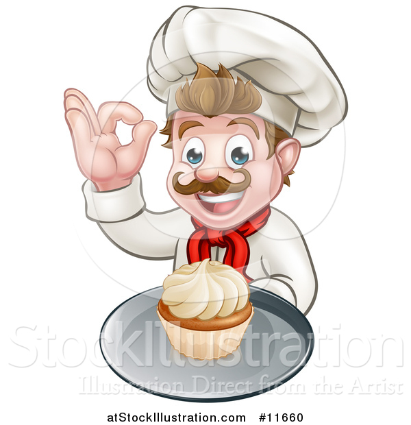 Vector Illustration of a Happy White Male Chef Baker Gesturing Ok and Holding a Cupcake on a Tray